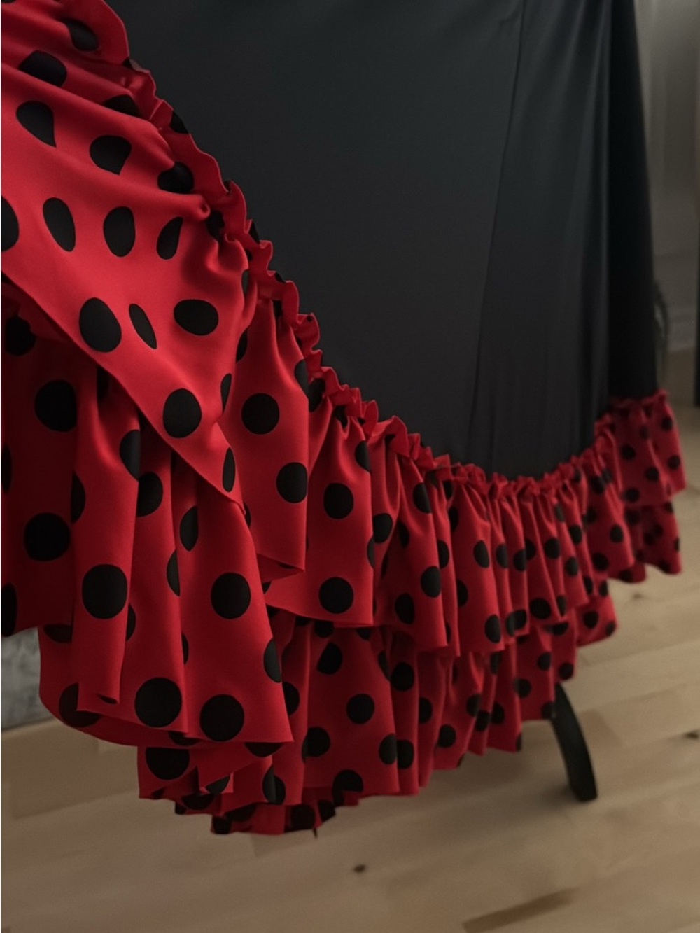 Black Skater Skirt with Red Polka Dot Ruffle Hem